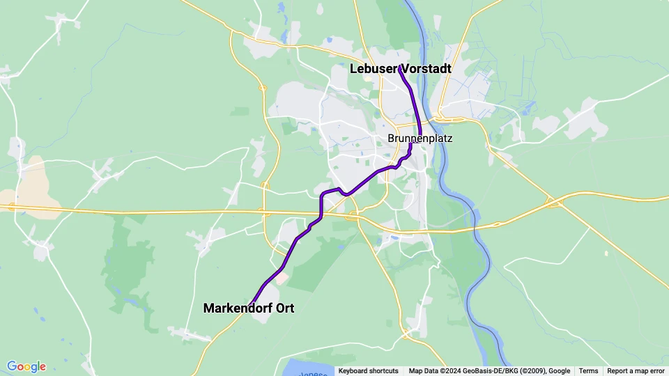 Frankfurt (Oder) sporvognslinje 4: Markendorf Ort - Lebuser Vorstadt linjekort