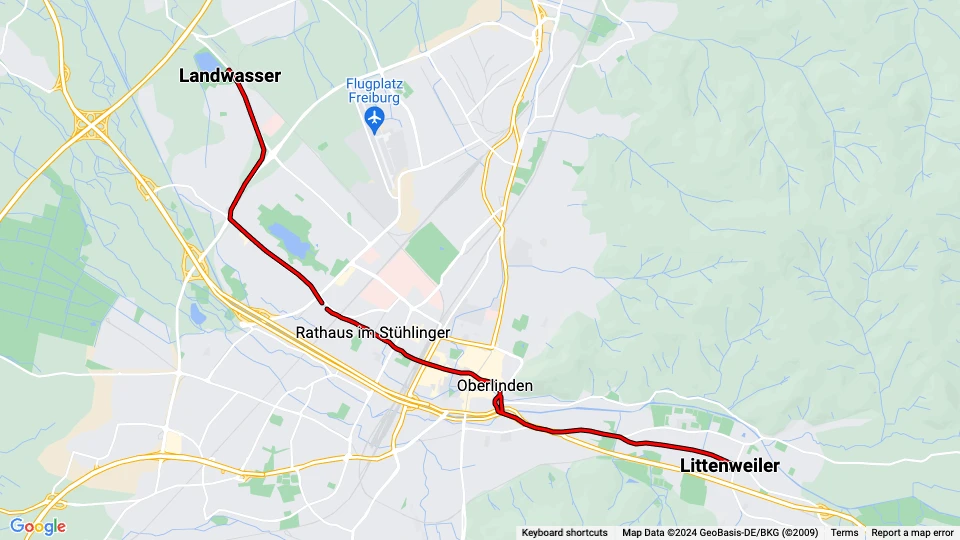 Freiburg im Breisgau sporvognslinje 1: Littenweiler - Landwasser linjekort