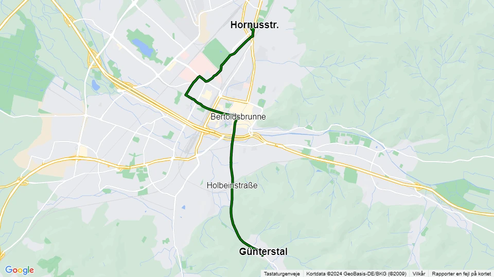 Freiburg im Breisgau sporvognslinje 2: Hornusstr. - Günterstal linjekort