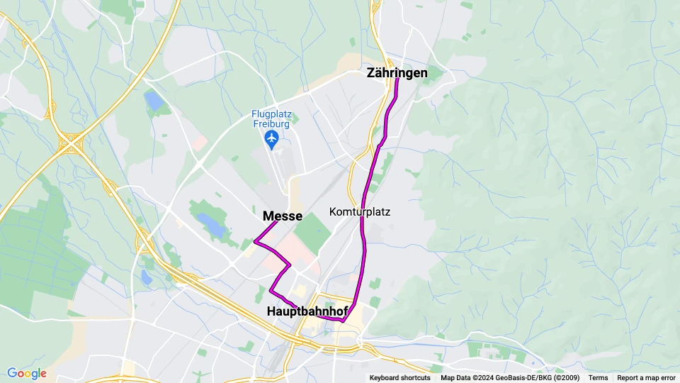 Freiburg im Breisgau sporvognslinje 4: Zähringen - Messe linjekort