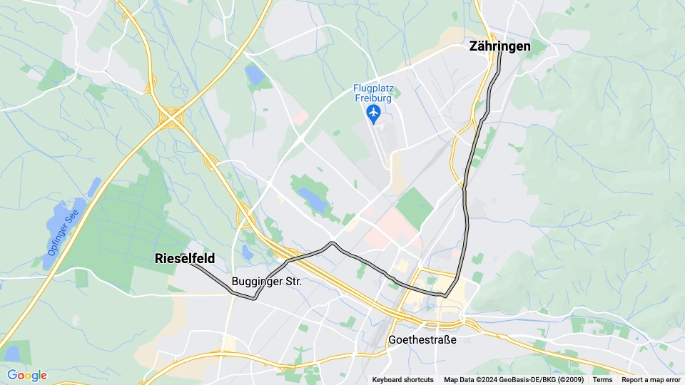 Freiburg im Breisgau sporvognslinje 6: Rieselfeld - Zähringen linjekort
