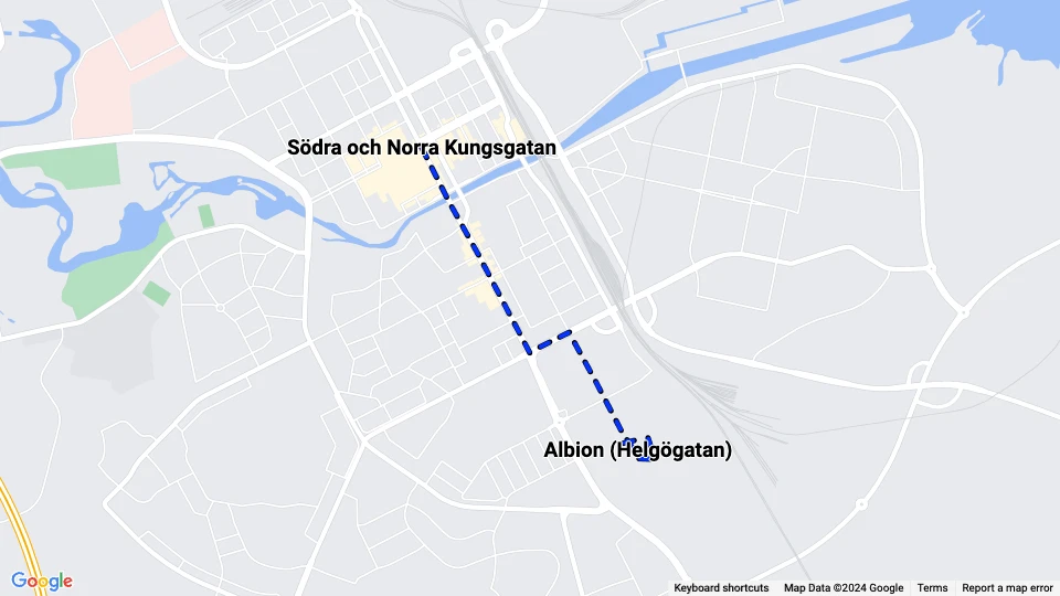 Gävle sporvognslinje Blå: Albion (Helgögatan) - Södra och Norra Kungsgatan linjekort