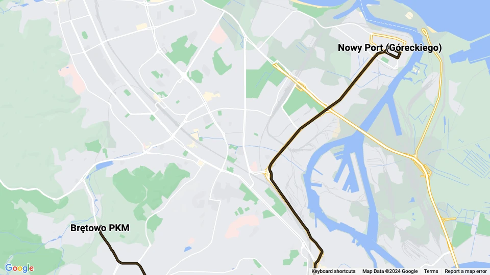 Gdańsk sporvognslinje 10: Brętowo PKM - Nowy Port (Góreckiego) linjekort