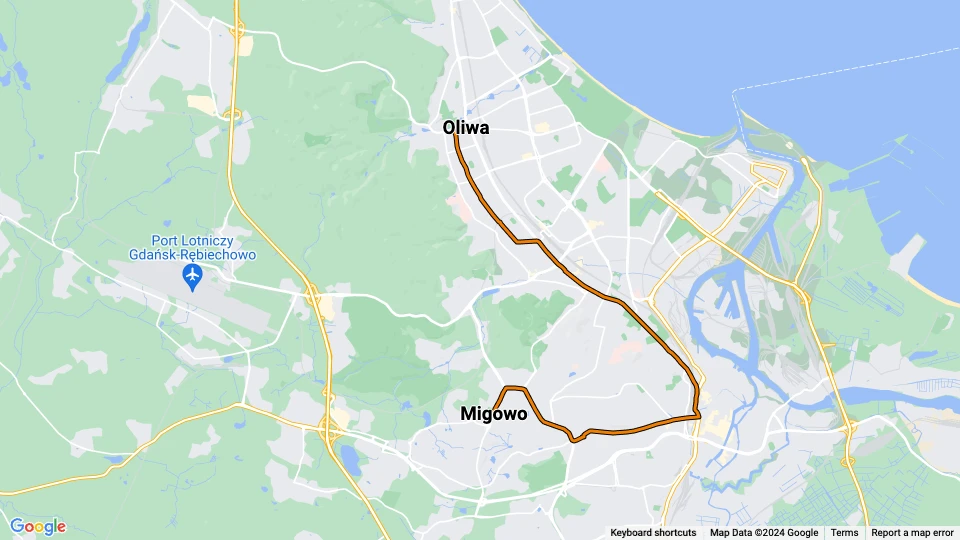 Gdańsk sporvognslinje 12: Oliwa - Migowo linjekort
