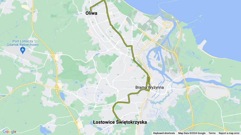 Gdańsk sporvognslinje 2: Oliwa - Łostowice Świętokrzyska linjekort