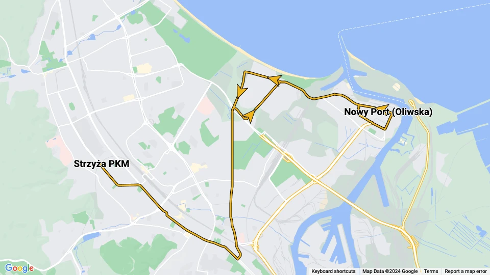 Gdańsk sporvognslinje 5: Strzyża PKM - Nowy Port (Oliwska) linjekort