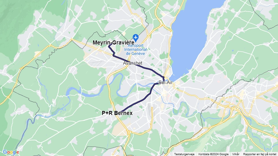 Geneve sporvognslinje 14: P+R Bernex - Meyrin-Gravière linjekort