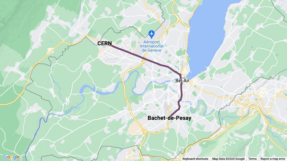 Geneve sporvognslinje 18: Bachet-de-Pesay - CERN linjekort