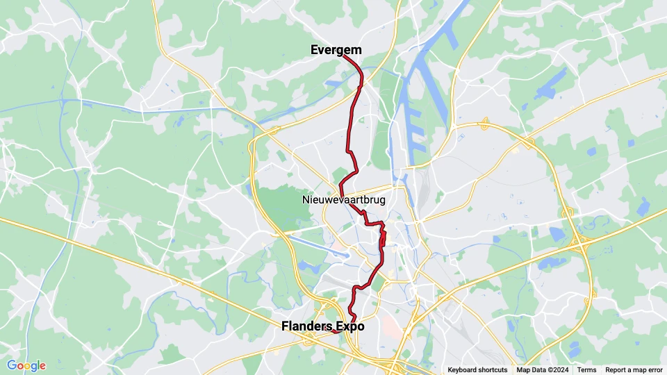 Gent sporvognslinje 1: Flanders Expo - Evergem linjekort
