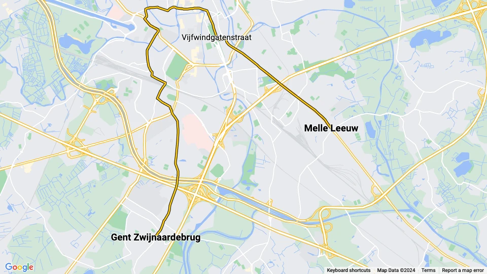 Gent sporvognslinje 2: Melle Leeuw - Gent Zwijnaardebrug linjekort
