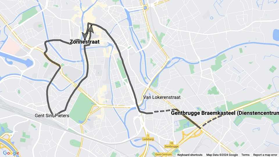 Gent sporvognslinje 22: Zonnestraat - Gentbrugge Braemkasteel (Dienstencentrum) linjekort