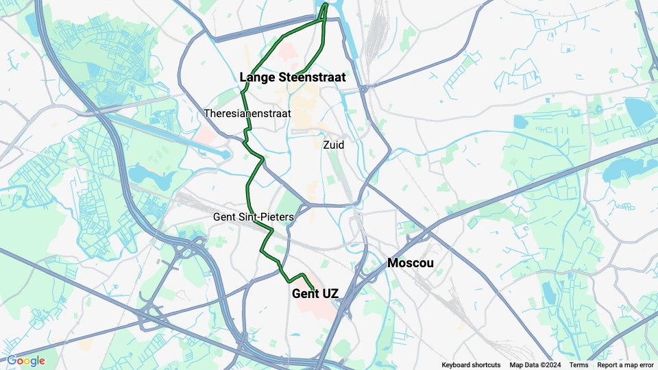 Gent sporvognslinje T4: Gent UZ - Lange Steenstraat linjekort