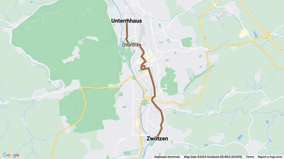 Gera sporvognslinje 1: Zwötzen - Untermhaus linjekort