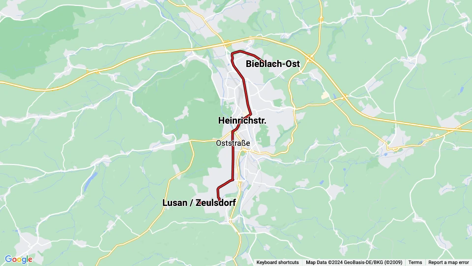Gera sporvognslinje 3: Lusan / Zeulsdorf - Bieblach-Ost linjekort