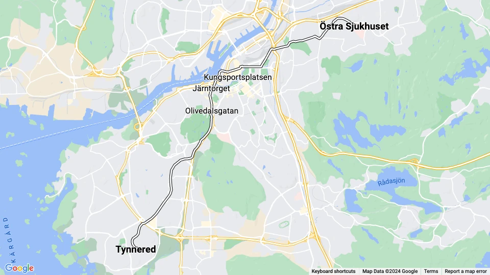 Gøteborg sporvognslinje 1: Östra Sjukhuset - Tynnered linjekort
