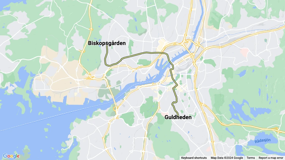 Gøteborg sporvognslinje 10: Guldheden - Biskopsgården linjekort