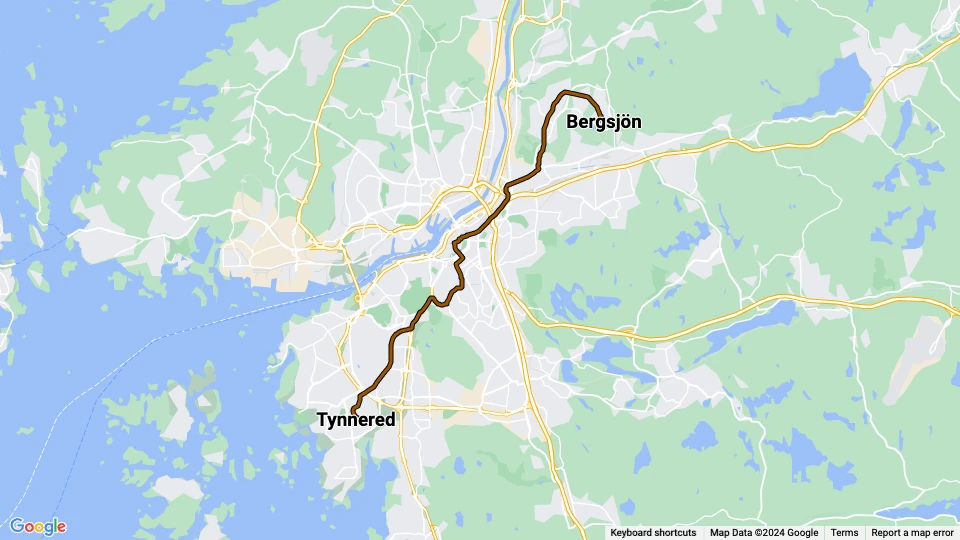 Gøteborg sporvognslinje 7: Tynnered - Bergsjön linjekort