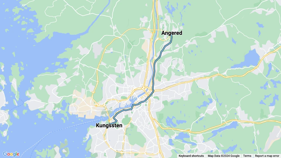 Gøteborg sporvognslinje 9: Angered - Kungssten linjekort