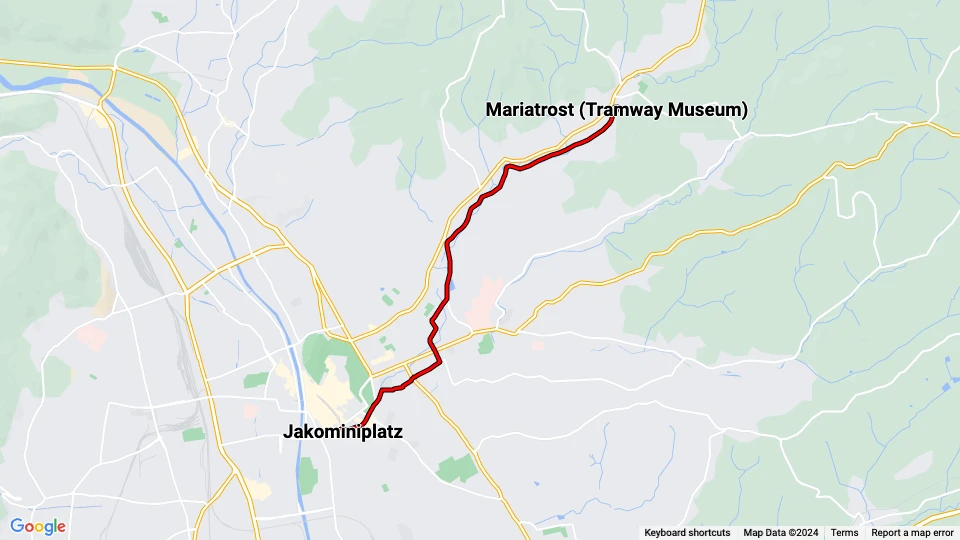 Graz Oldtimer-Straßenbahn: Jakominiplatz - Mariatrost (Tramway Museum) linjekort
