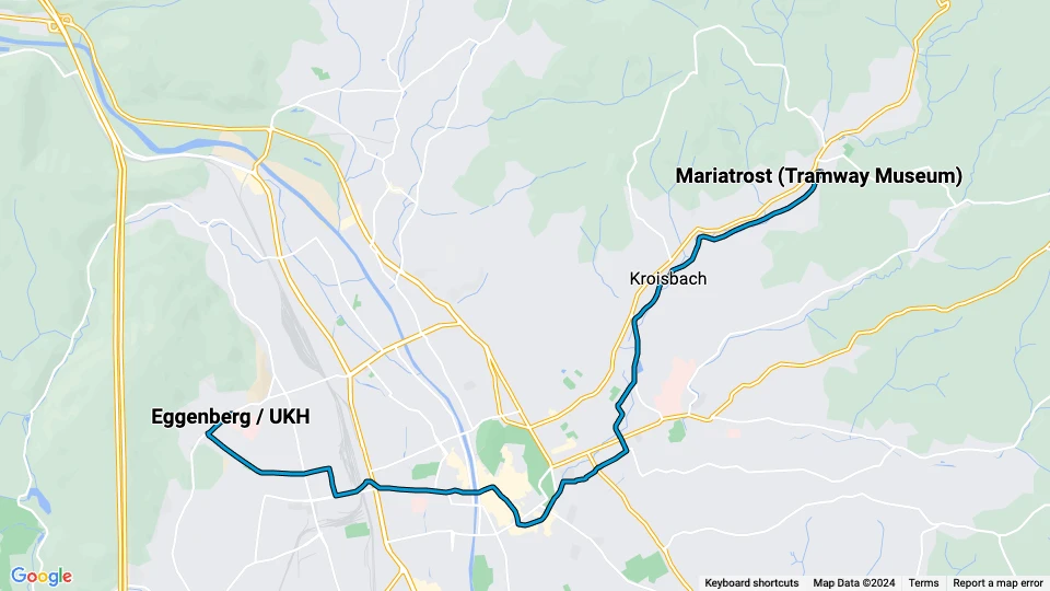 Graz sporvognslinje 1: Mariatrost (Tramway Museum) - Eggenberg / UKH linjekort