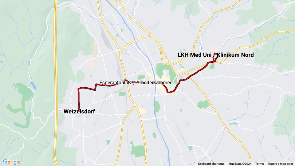 Graz sporvognslinje 7: Wetzelsdorf - LKH Med Uni / Klinikum Nord linjekort