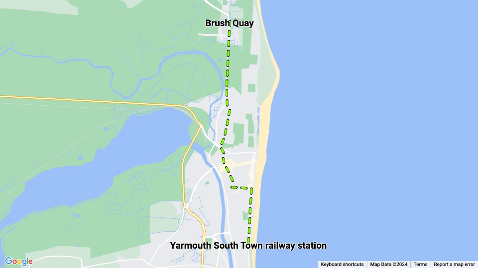 Great Yarmouth Tramways: Yarmouth South Town railway station - Brush Quay linjekort