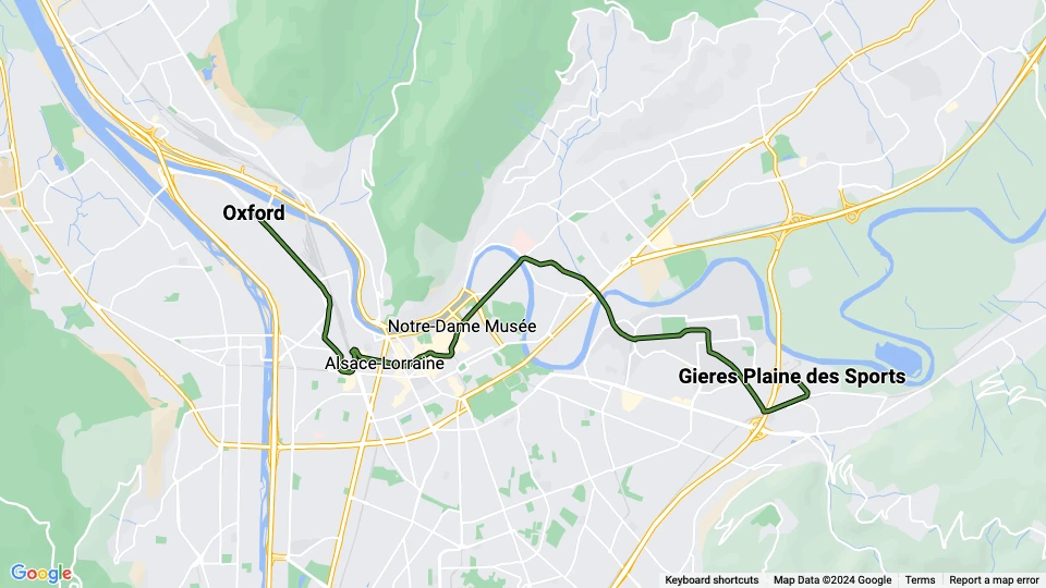 Grenoble sporvognslinje B: Oxford - Gieres Plaine des Sports linjekort