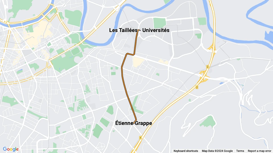 Grenoble sporvognslinje D: Les Taillées - Universités - Étienne Grappe linjekort