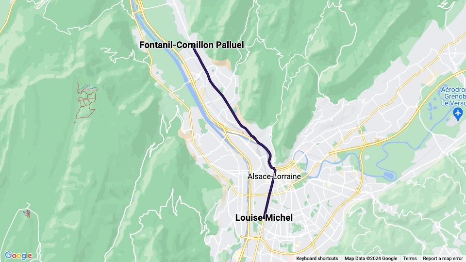 Grenoble sporvognslinje E: Fontanil-Cornillon Palluel - Louise Michel linjekort