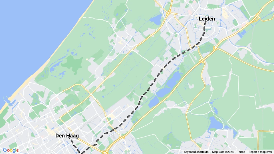 Haag regionallinje A: Den Haag - Leiden linjekort
