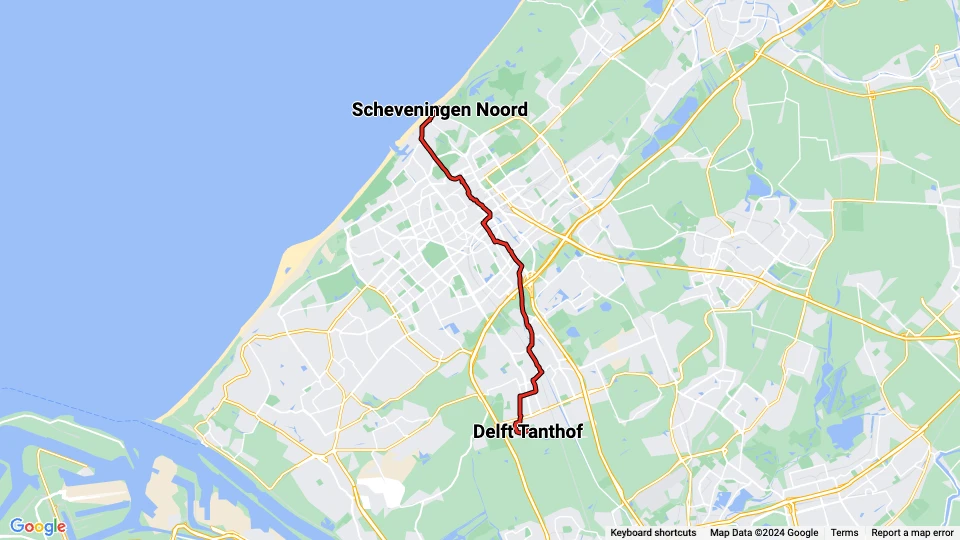 Haag sporvognslinje 1: Scheveningen Noord - Delft Tanthof linjekort