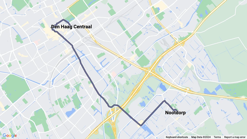 Haag sporvognslinje 15: Nootdorp - Den Haag Centraal linjekort