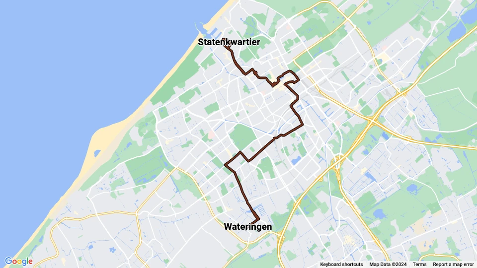 Haag sporvognslinje 16: Statenkwartier - Wateringen linjekort