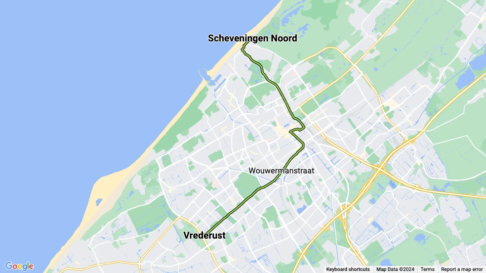 Haag sporvognslinje 9: Vrederust - Scheveningen Noord linjekort