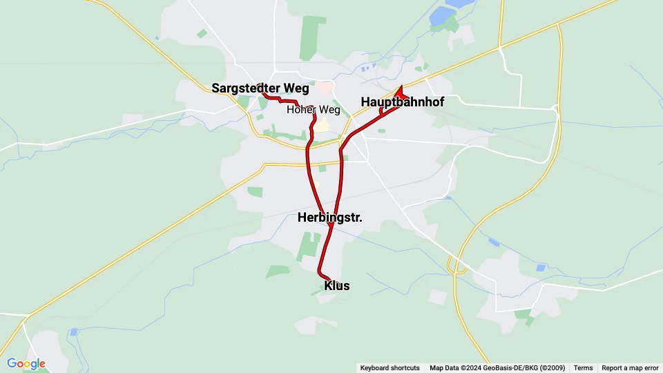 Halberstadt sporvognslinje 2 linjekort