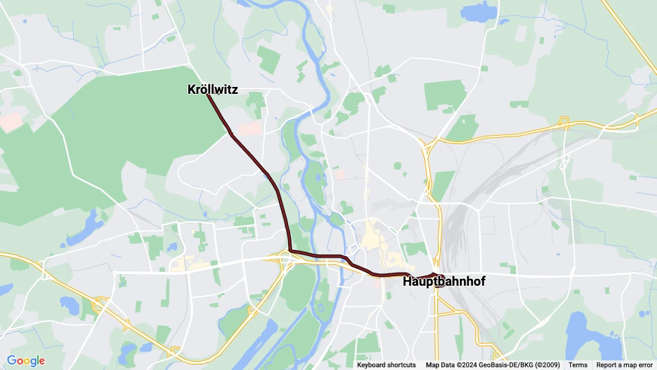 Halle (Saale) ekstralinje 4: Kröllwitz - Hauptbahnhof linjekort