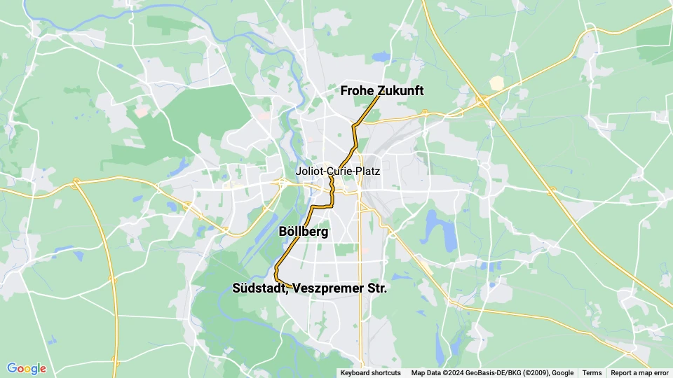 Halle (Saale) sporvognslinje 1: Frohe Zukunft - Südstadt, Veszpremer Str. linjekort