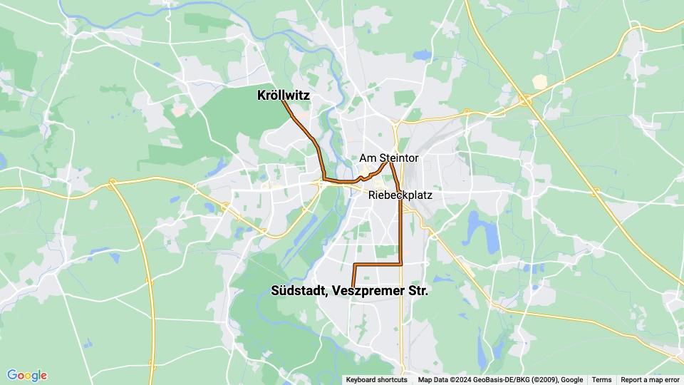 Halle (Saale) sporvognslinje 2: Südstadt, Veszpremer Str. - Kröllwitz linjekort