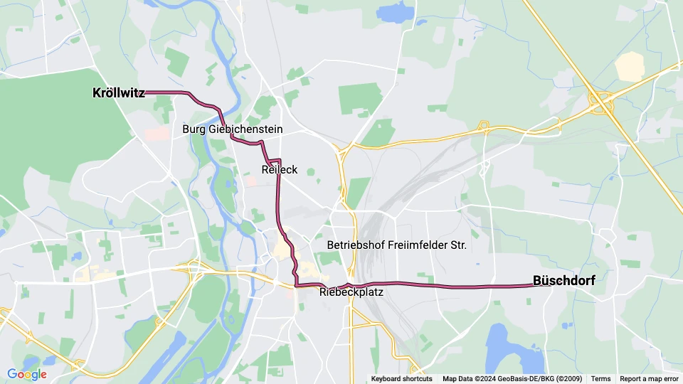 Halle (Saale) sporvognslinje 7: Kröllwitz - Büschdorf linjekort