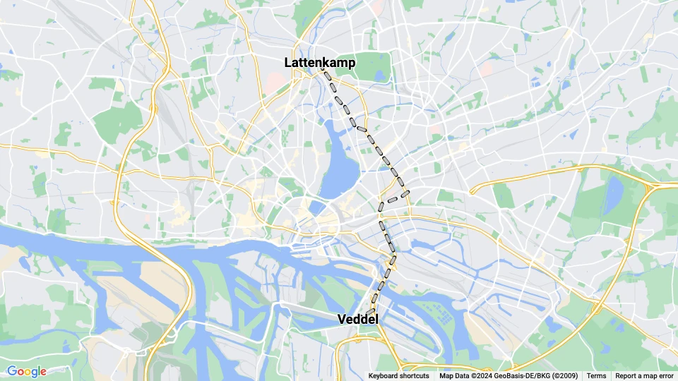Hamborg sporvognslinje 14: Lattenkamp - Veddel linjekort