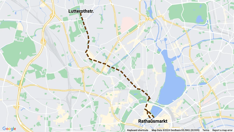 Hamborg sporvognslinje 16: Rathausmarkt - Lutterothstr. linjekort
