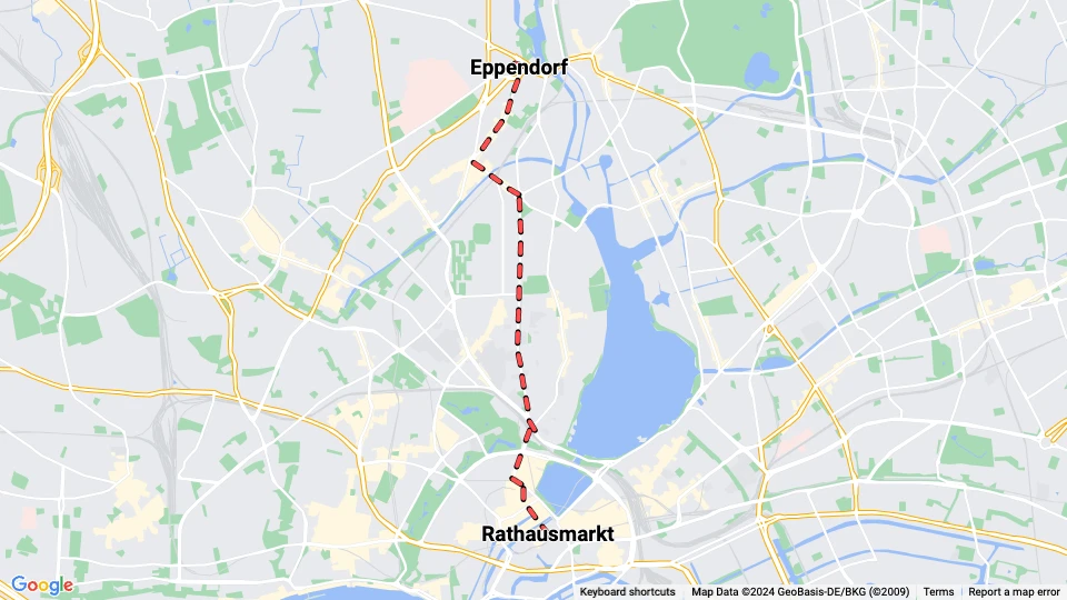 Hamborg sporvognslinje 18: Rathausmarkt - Eppendorf linjekort