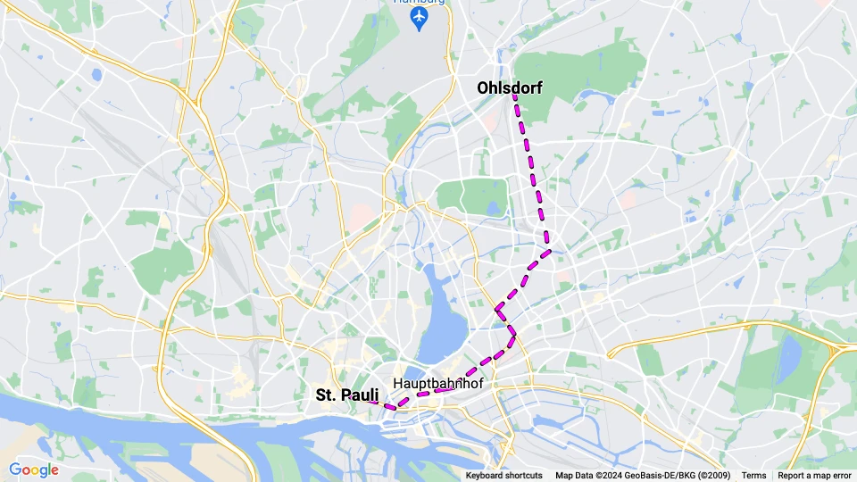 Hamborg sporvognslinje 6: Ohlsdorf - St. Pauli linjekort