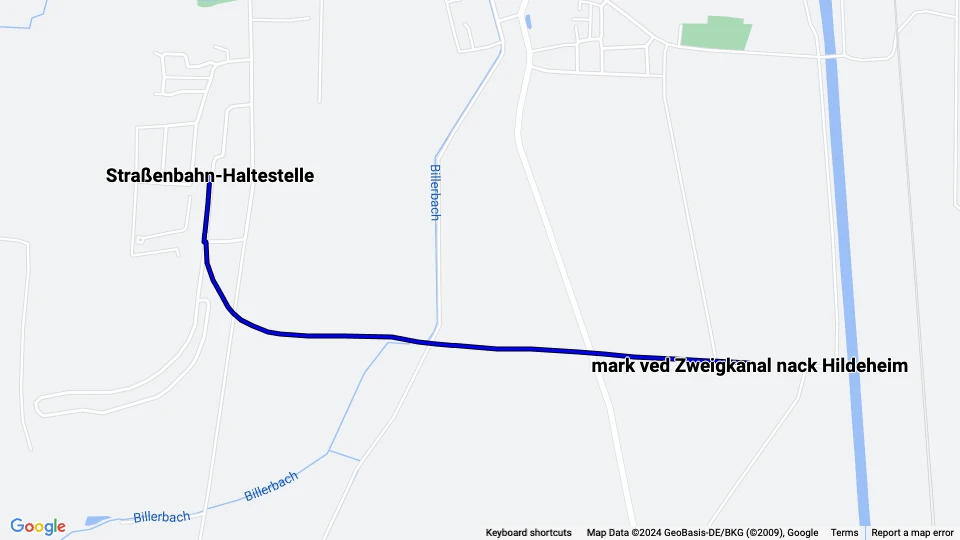 Hannover Aaßenstrecke: Straßenbahn-Haltestelle - mark ved Zweigkanal nack Hildeheim linjekort