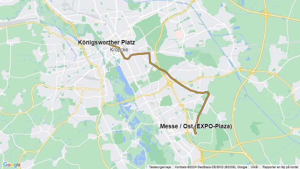 Hannover lejlighedslinje E: Messe / Ost (EXPO-Plaza) - Königsworther Platz linjekort