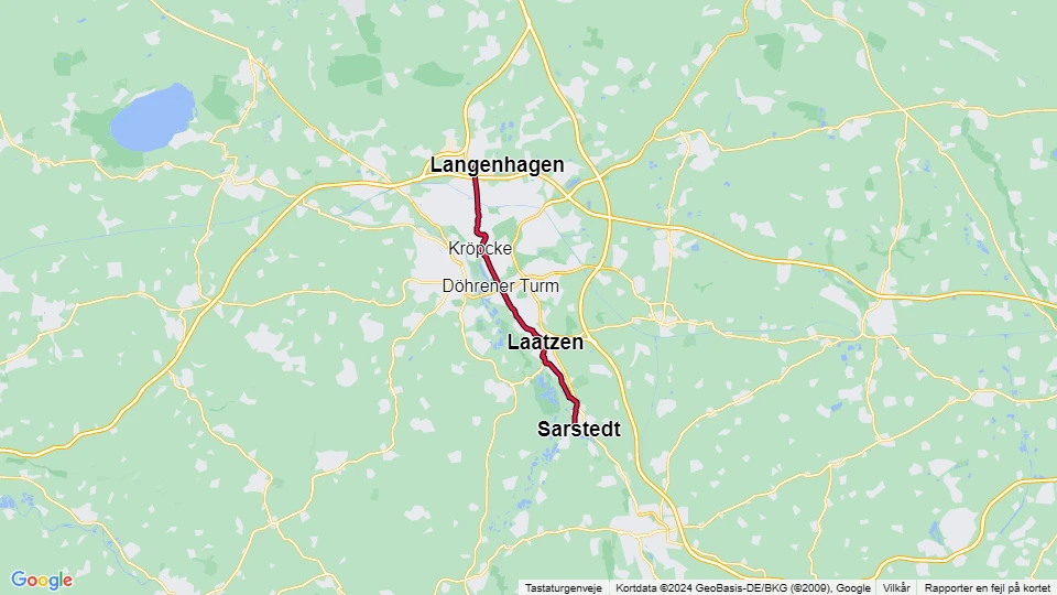 Hannover sporvognslinje 1: Langenhagen - Sarstedt linjekort