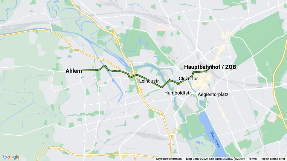 Hannover sporvognslinje 10: Ahlem - Hauptbahnhof / ZOB linjekort