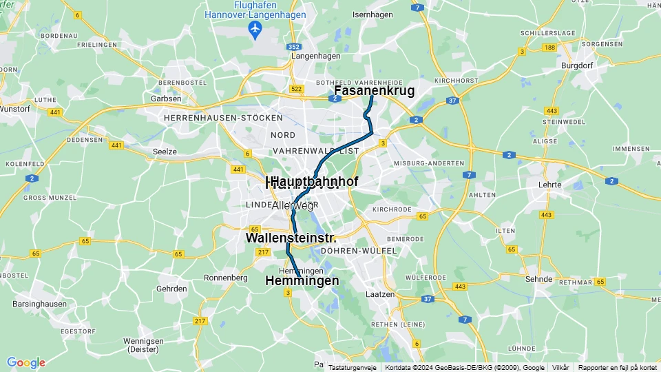 Hannover sporvognslinje 13: Fasanenkrug - Hemmingen linjekort