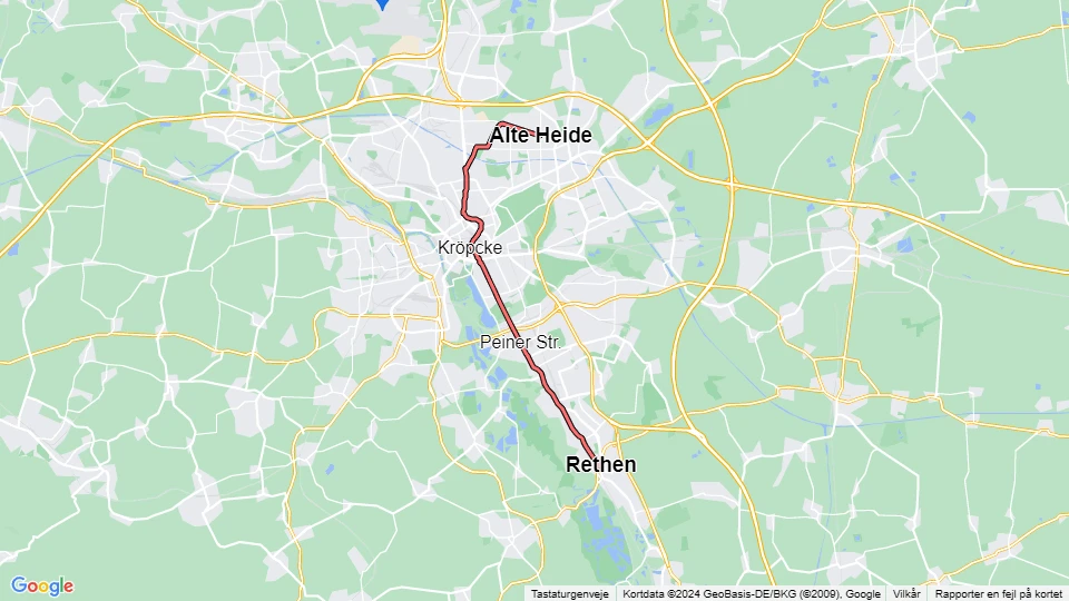 Hannover sporvognslinje 2: Alte Heide - Rethen Steinfeld linjekort