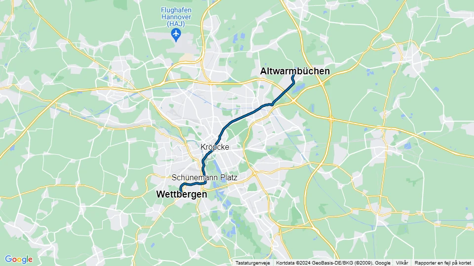 Hannover sporvognslinje 3: Altwarmbüchen - Wettbergen linjekort